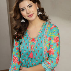 Kimayra Cotton Calf Length Printed 3/4 Sleeve V-Neck Flared Kurta Suit Set