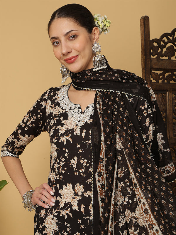 Kimayra Cotton Calf Length Printed 3/4 Sleeves Round Neck Anarkali Kurta Suit Set
