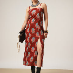 Kimayra Cotton Calf Length Printed Sleeveless Square Neck Straight Dress