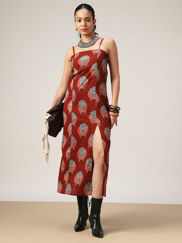 Kimayra Cotton Calf Length Printed Sleeveless Square Neck Straight Dress