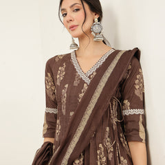 Kimayra Cotton Calf Length Printed 3/4 Sleeve V-Neck Flared Kurta Suit Set