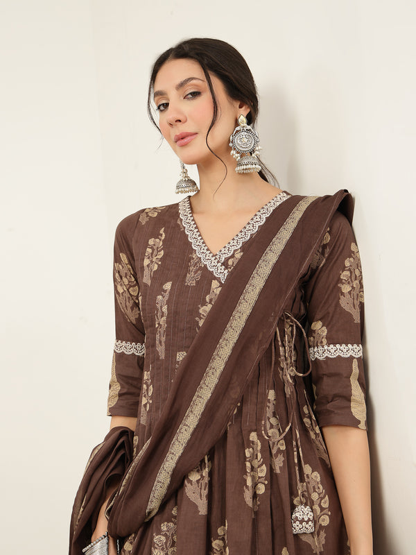 Kimayra Cotton Calf Length Printed 3/4 Sleeve V-Neck Flared Kurta Suit Set