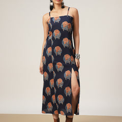 Kimayra Cotton Calf Length Printed Sleeveless Square Neck Straight Dress