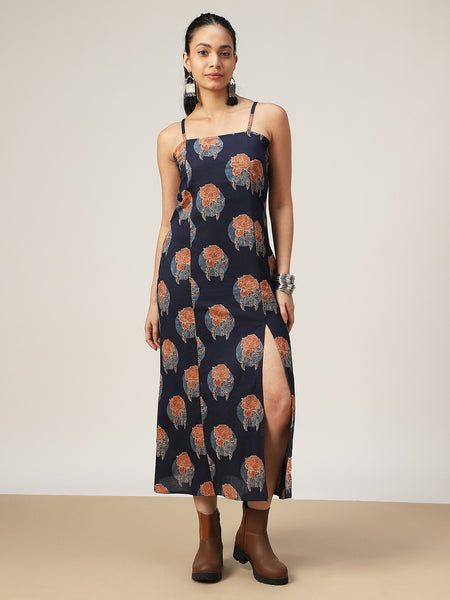 Kimayra Cotton Calf Length Printed Sleeveless Square Neck Straight Dress