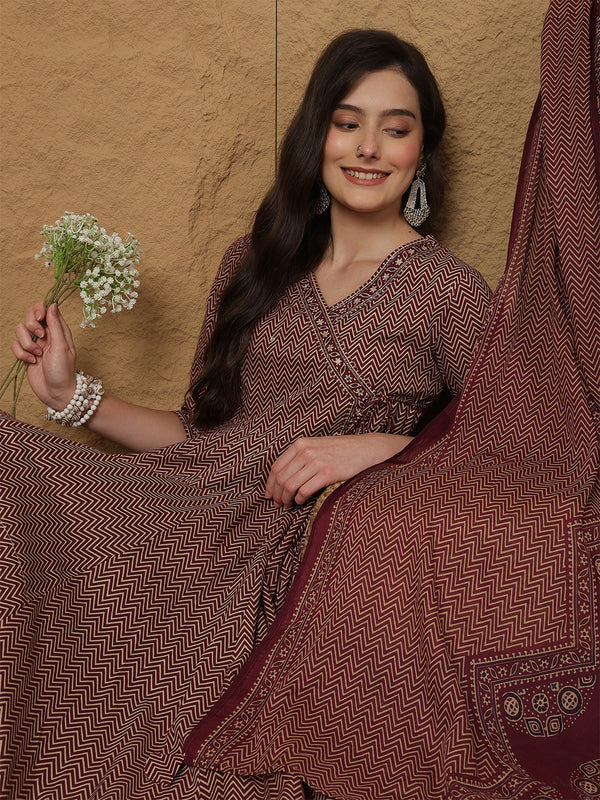 Kimayra Cotton Calf Length Printed 3/4 Sleeves V-Neck Anarkali Kurta Suit Set