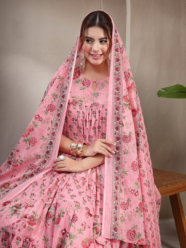 Kimayra Cotton Calf Length Printed 3/4 Sleeve Key Hole Neck Flared Kurta Suit Set