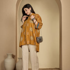 Kimayra Rayon Hip Length Printed 3/4 Sleeve Shirt Collar Flared Top