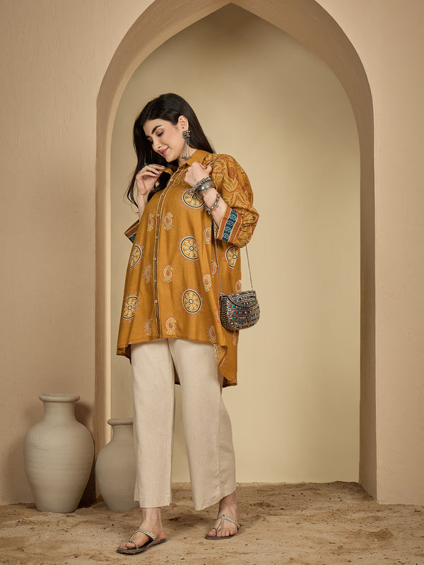 Kimayra Rayon Hip Length Printed 3/4 Sleeve Shirt Collar Flared Top