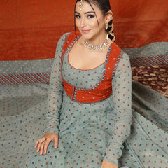 Kimayra Cotton Calf Length Printed Full Sleeves Round Neck Anarkali Kurta Suit Set