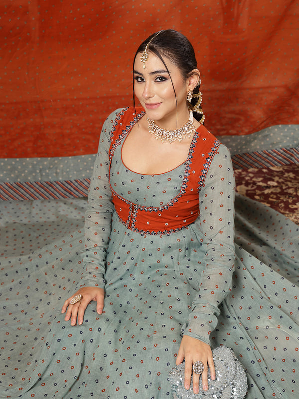 Kimayra Cotton Calf Length Printed Full Sleeves Round Neck Anarkali Kurta Suit Set