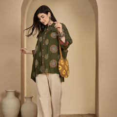 Kimayra Rayon Hip Length Printed 3/4 Sleeve Shirt Collar Flared Top