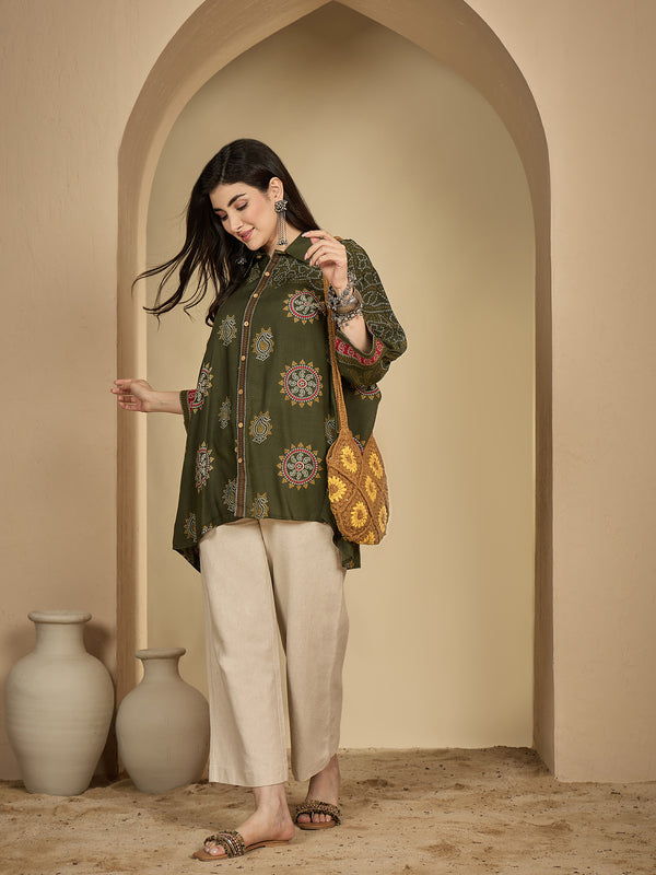 Kimayra Rayon Hip Length Printed 3/4 Sleeve Shirt Collar Flared Top