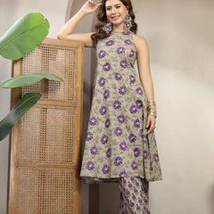 Kimayra Cotton Calf Length Printed Sleeveless Round Neck Flared Kurta Suit Set