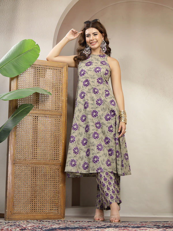 Kimayra Cotton Calf Length Printed Sleeveless Round Neck Flared Kurta Suit Set