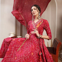 Kimayra Cotton Calf Length Printed 3/4 Sleeve Angrakha Flared Kurta Suit Set