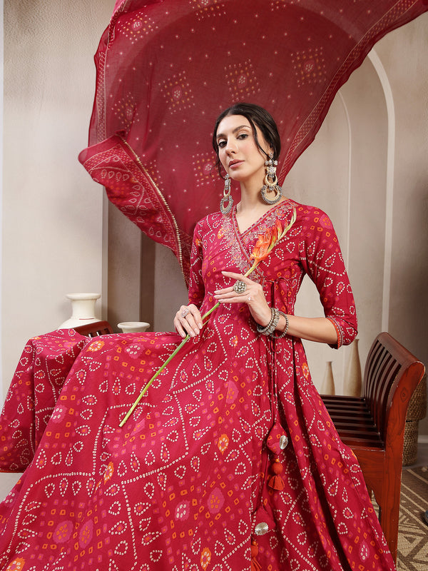 Kimayra Cotton Calf Length Printed 3/4 Sleeve Angrakha Flared Kurta Suit Set