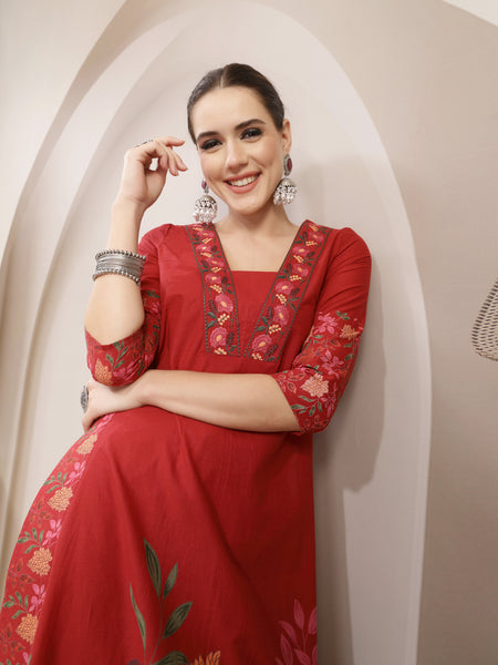 Kimayra Rayon Calf Length Printed 3/4 Sleeve V-Neck A-Line Kurta Suit Set