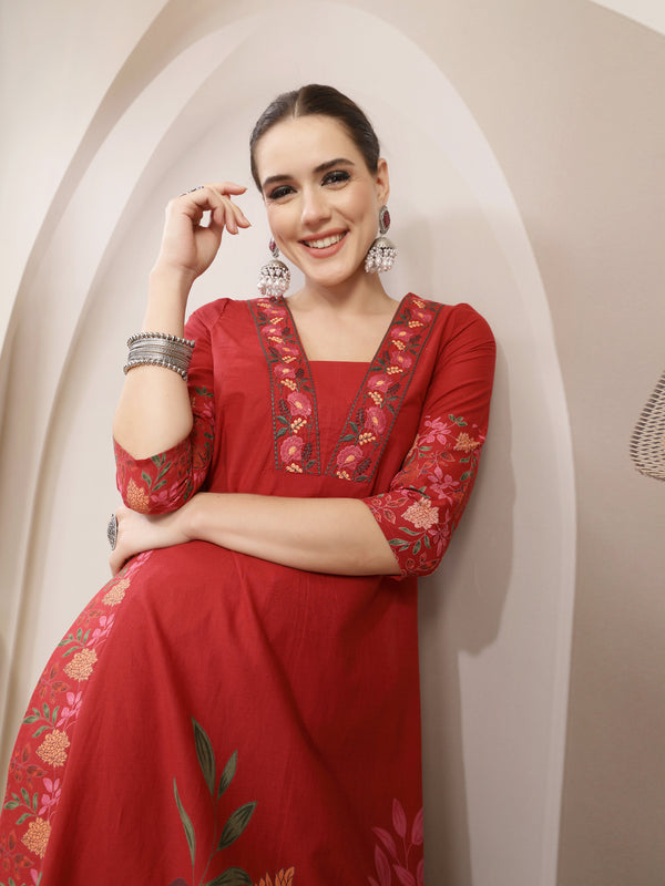 Kimayra Rayon Calf Length Printed 3/4 Sleeve V-Neck A-Line Kurta Suit Set