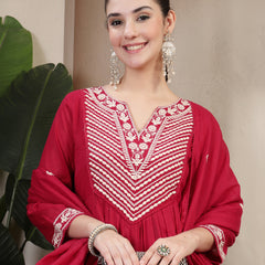 Kimayra Cotton Calf Length Solid 3/4 Sleeve Round Neck Flared Kurta Suit Set