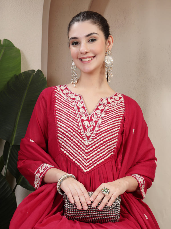 Kimayra Cotton Calf Length Solid 3/4 Sleeve Round Neck Flared Kurta Suit Set