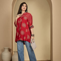 Kimayra Rayon Hip Length Printed 3/4 Sleeve Shirt Collar Flared Top