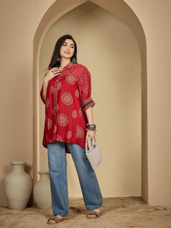 Kimayra Rayon Hip Length Printed 3/4 Sleeve Shirt Collar Flared Top