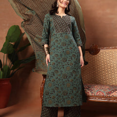 Kimayra Cotton Calf Length Printed 3/4 Sleeve Round Neck Straight Kurta Suit Set