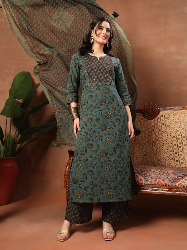 Kimayra Cotton Calf Length Printed 3/4 Sleeve Round Neck Straight Kurta Suit Set