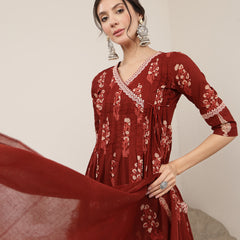 Kimayra Cotton Calf Length Printed 3/4 Sleeve V-Neck Flared Kurta Suit Set