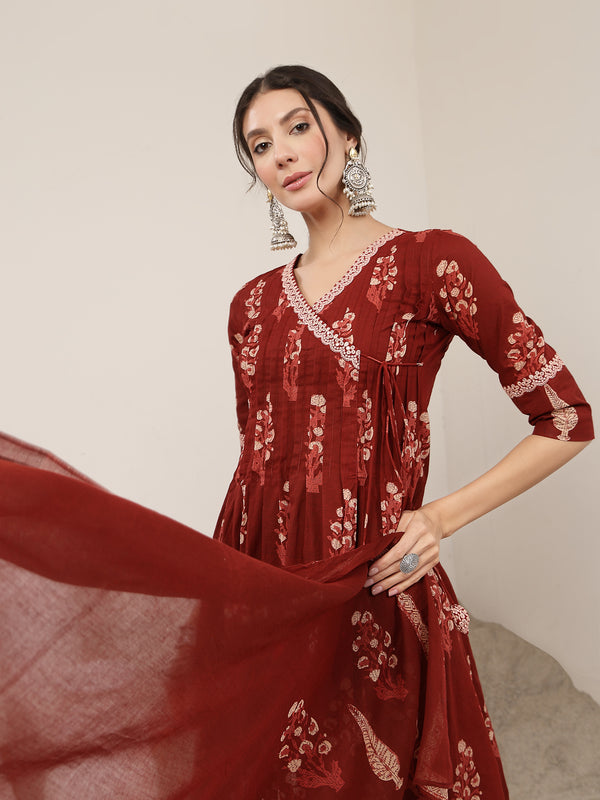 Kimayra Cotton Calf Length Printed 3/4 Sleeve V-Neck Flared Kurta Suit Set