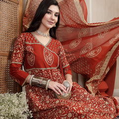 Kimayra Cotton Calf Length Printed 3/4 Sleeve V Neck Flared Kurta Suit Set