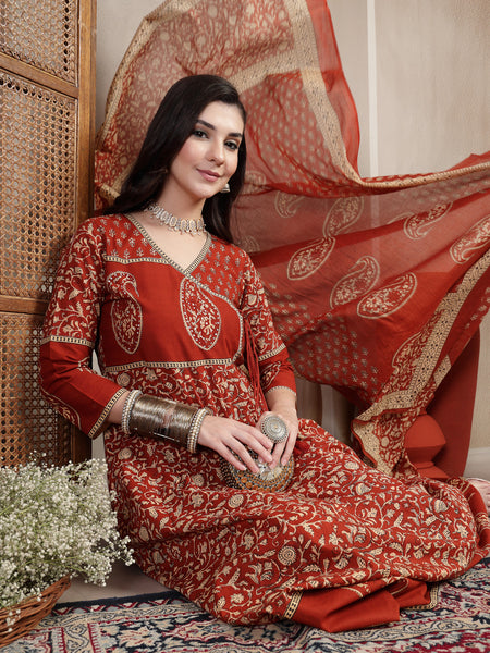 Kimayra Cotton Calf Length Printed 3/4 Sleeve V Neck Flared Kurta Suit Set