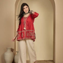 Kimayra Rayon Hip Length Printed 3/4 Sleeve Square Flared Top