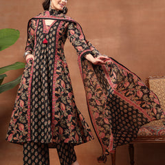 Kimayra Cotton Calf Length Printed 3/4 Sleeve V-Neck Flared Kurta Suit Set