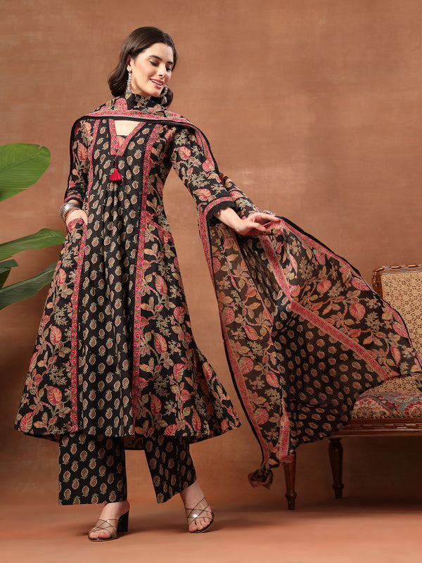 Kimayra Cotton Calf Length Printed 3/4 Sleeve V-Neck Flared Kurta Suit Set
