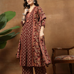 Kimayra Cotton Calf Length Printed 3/4 Sleeve V-Neck Flared Kurta Suit Set