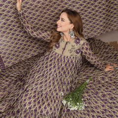 Kimayra Malmal Calf Length Printed Full Sleeve Round Neck Anarkali Kurta Suit Set
