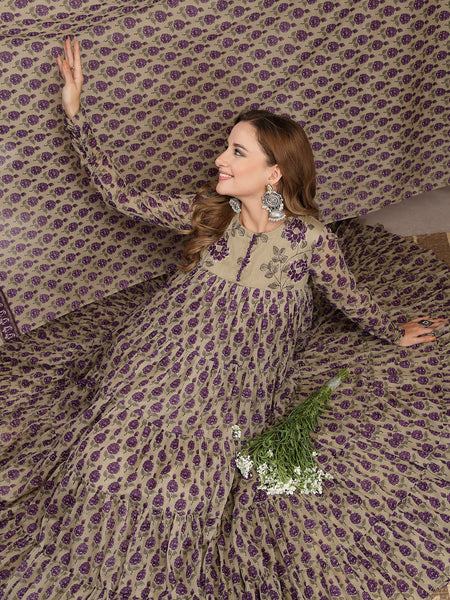 Kimayra Malmal Calf Length Printed Full Sleeve Round Neck Anarkali Kurta Suit Set