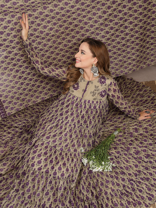 Kimayra Malmal Calf Length Printed Full Sleeve Round Neck Anarkali Kurta Suit Set