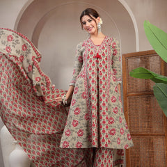 Kimayra Cotton Calf Length Printed 3/4 Sleeve V-Neck A-Line Kurta Suit Set