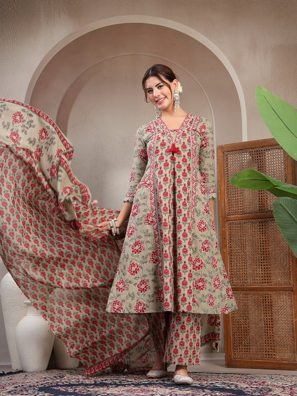 Kimayra Cotton Calf Length Printed 3/4 Sleeve V-Neck A-Line Kurta Suit Set