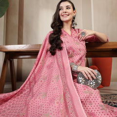 Kimayra Cotton Calf Length Printed 3/4 Sleeve Mandarin Collar Straight Kurta Suit Set