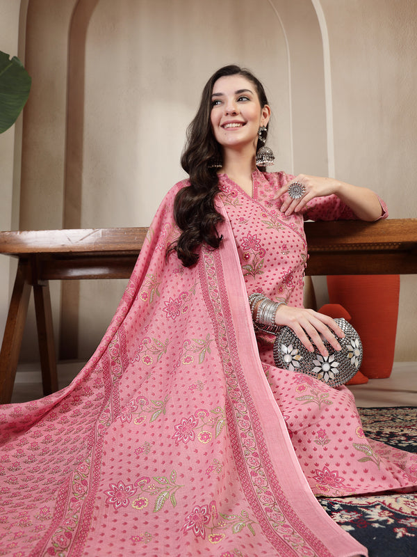 Kimayra Cotton Calf Length Printed 3/4 Sleeve Mandarin Collar Straight Kurta Suit Set
