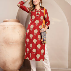 Kimayra Cotton Calf Length Printed 3/4 Sleeve V-Neck Straight Kurta