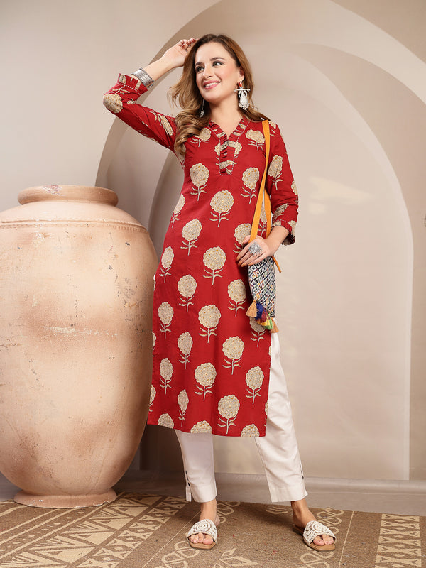 Kimayra Cotton Calf Length Printed 3/4 Sleeve V-Neck Straight Kurta