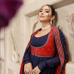 Kimayra Cotton Calf Length Printed Full Sleeves Round Neck Anarkali Kurta Suit Set