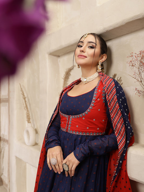 Kimayra Cotton Calf Length Printed Full Sleeves Round Neck Anarkali Kurta Suit Set