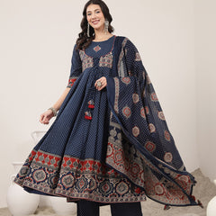 Kimayra Cotton Calf Length Printed 3/4 Sleeve Round Neck Flared Kurta Suit Set