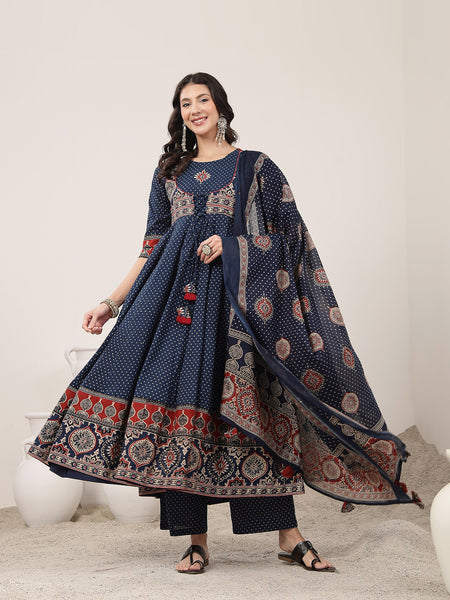 Kimayra Cotton Calf Length Printed 3/4 Sleeve Round Neck Flared Kurta Suit Set