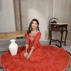 Kimayra Cotton Ankle Length Printed 3/4 Sleeve Round Neck Flared Kurta
